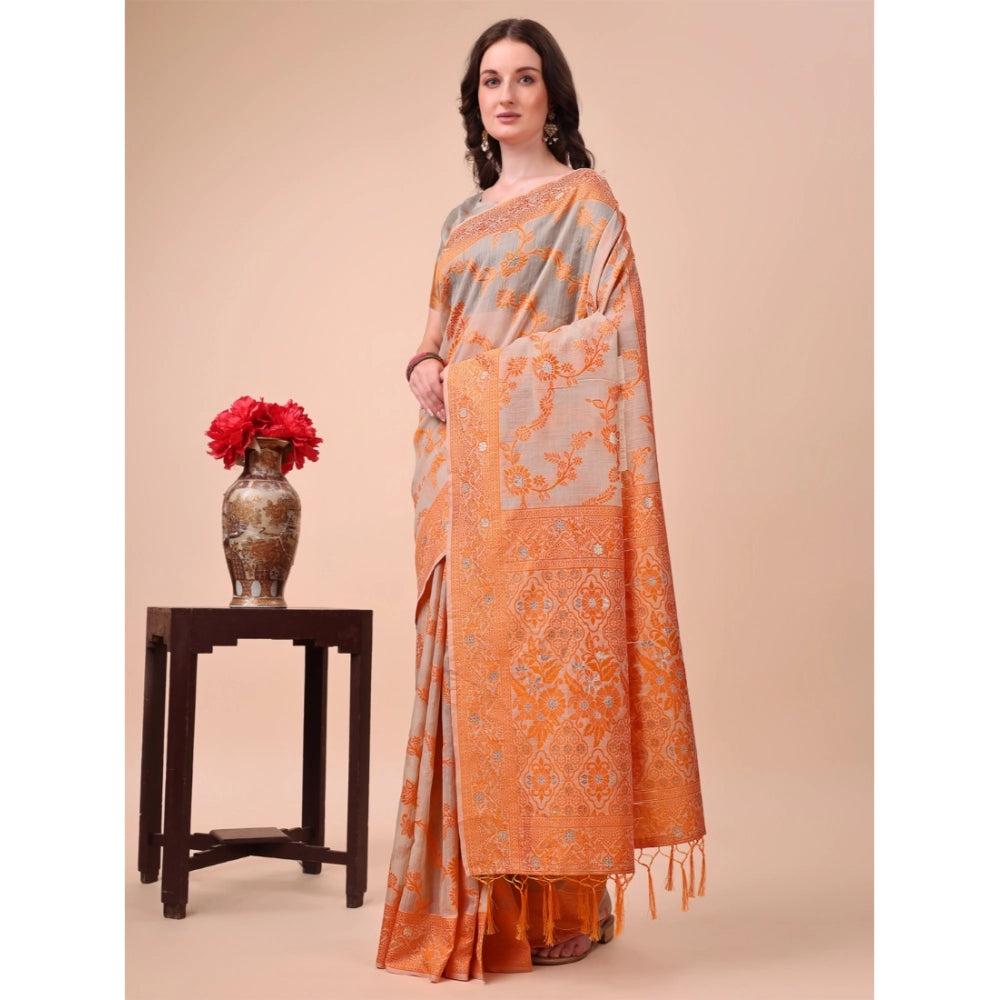 Women's Cotton Printed Saree With Unstitched Blouse 5.5Mtr (Orange)