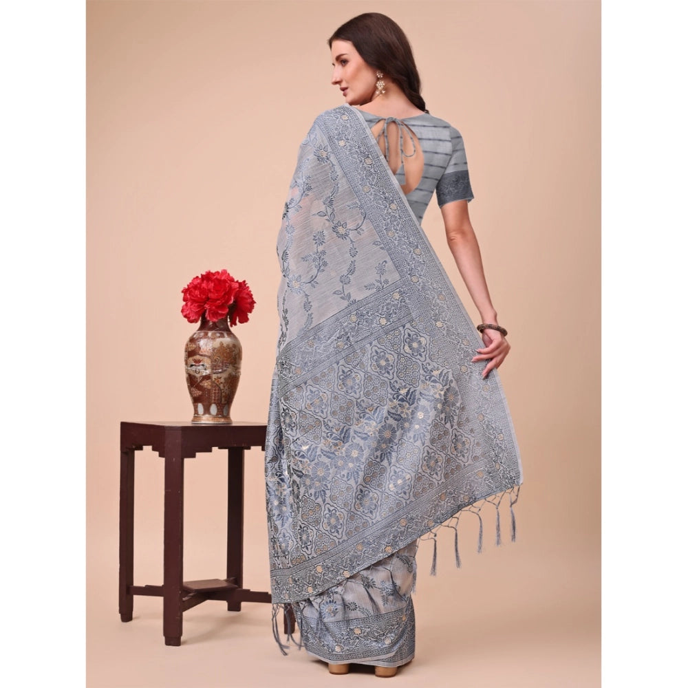 Women's Cotton Printed Saree With Unstitched Blouse 5.5Mtr (Grey)