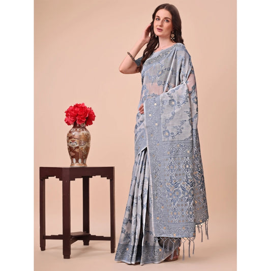 Women's Cotton Printed Saree With Unstitched Blouse 5.5Mtr (Grey)