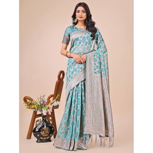 Women's Linen Cotton Printed Saree With Unstitched Blouse 5.5Mtr (Teal)
