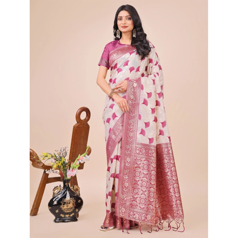 Women's Linen Cotton Printed Saree With Unstitched Blouse 5.5Mtr (Magenta)