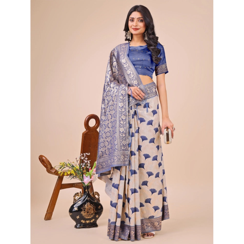 Women's Linen Cotton Printed Saree With Unstitched Blouse 5.5Mtr (Blue)