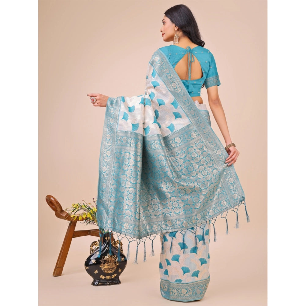 Women's Linen Cotton Printed Saree With Unstitched Blouse 5.5Mtr (Teal)
