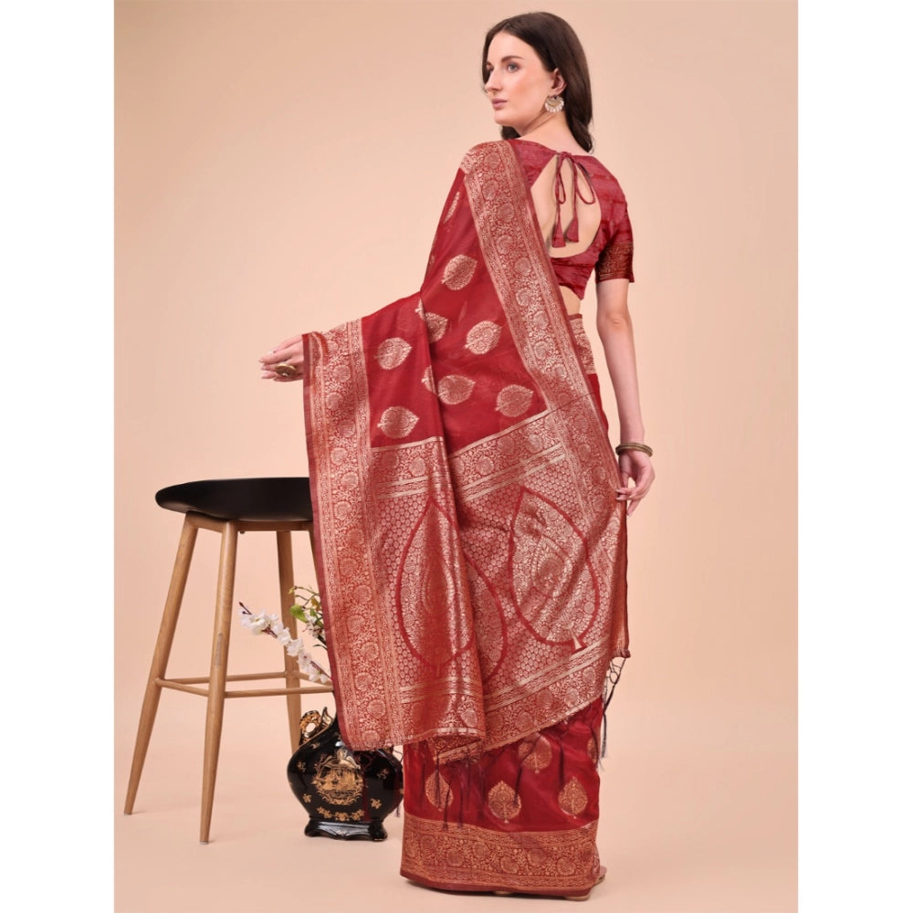 Women's Cotton Printed Saree With Unstitched Blouse 5.5Mtr (Maroon)