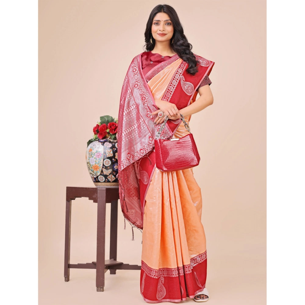 Women's Lichi Silk Printed Saree With Unstitched Blouse 5.5Mtr (Peach)