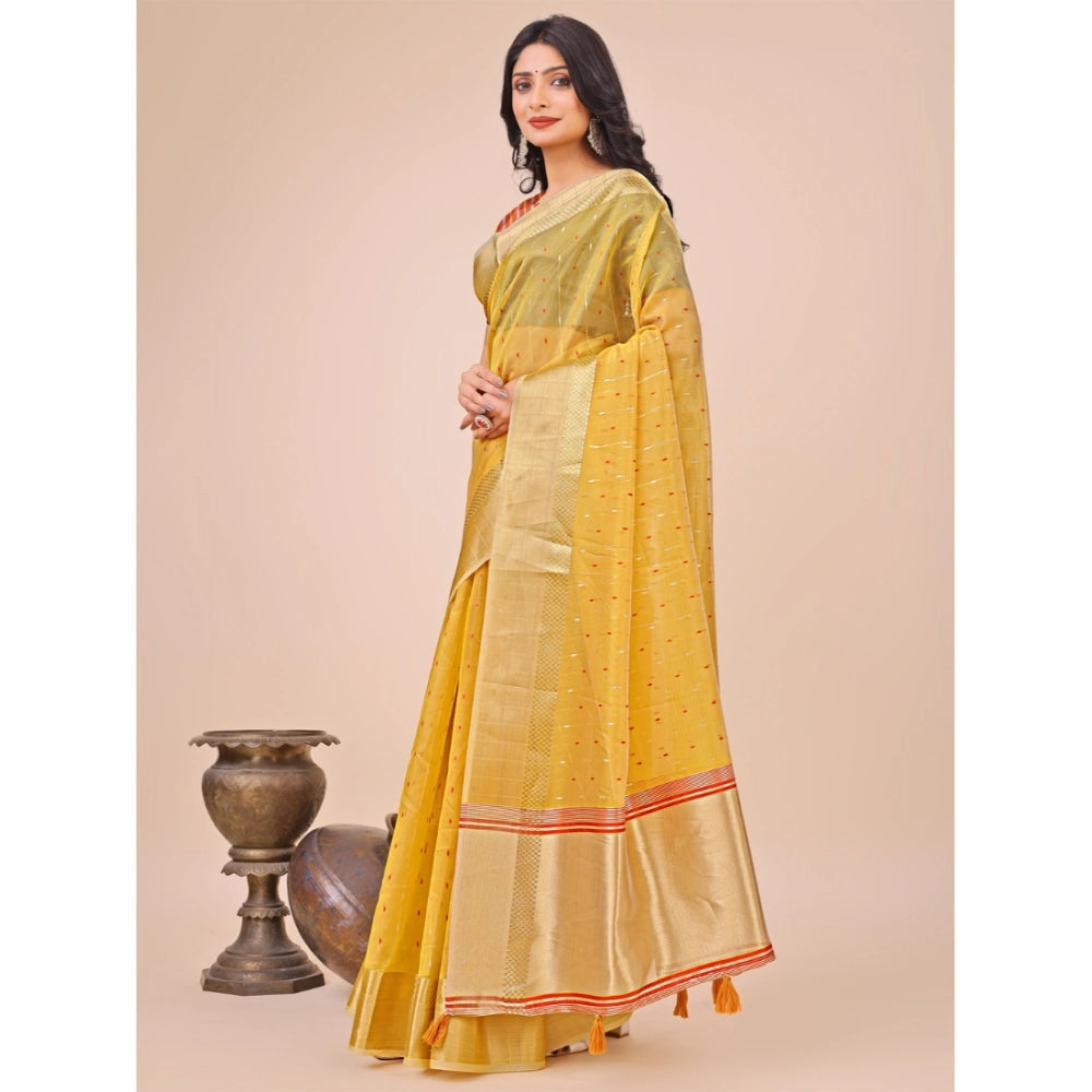 Women's Organza Printed Saree With Unstitched Blouse 5.5Mtr (Yellow)
