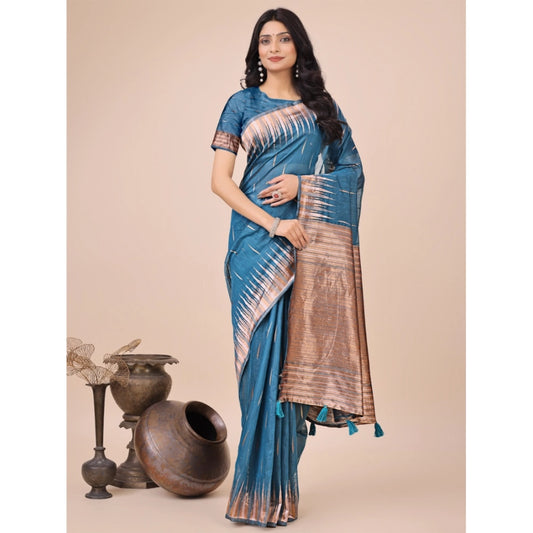 Women's Linen Cotton Printed Saree With Unstitched Blouse 5.5Mtr (Blue)