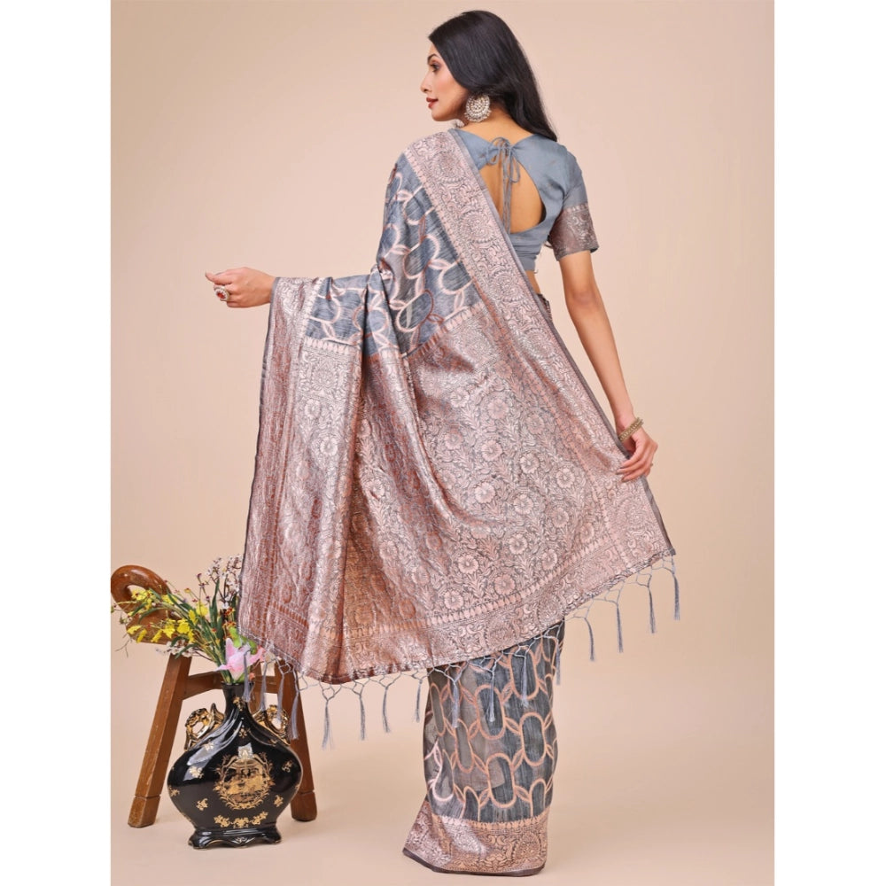 Women's Linen Cotton Printed Saree With Unstitched Blouse 5.5Mtr (Grey)
