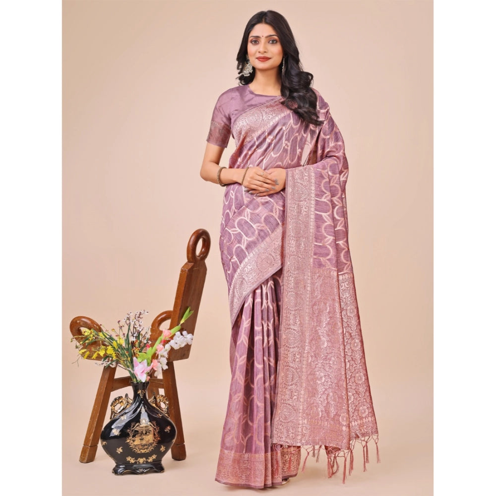 Women's Linen Cotton Printed Saree With Unstitched Blouse 5.5Mtr (Purple)