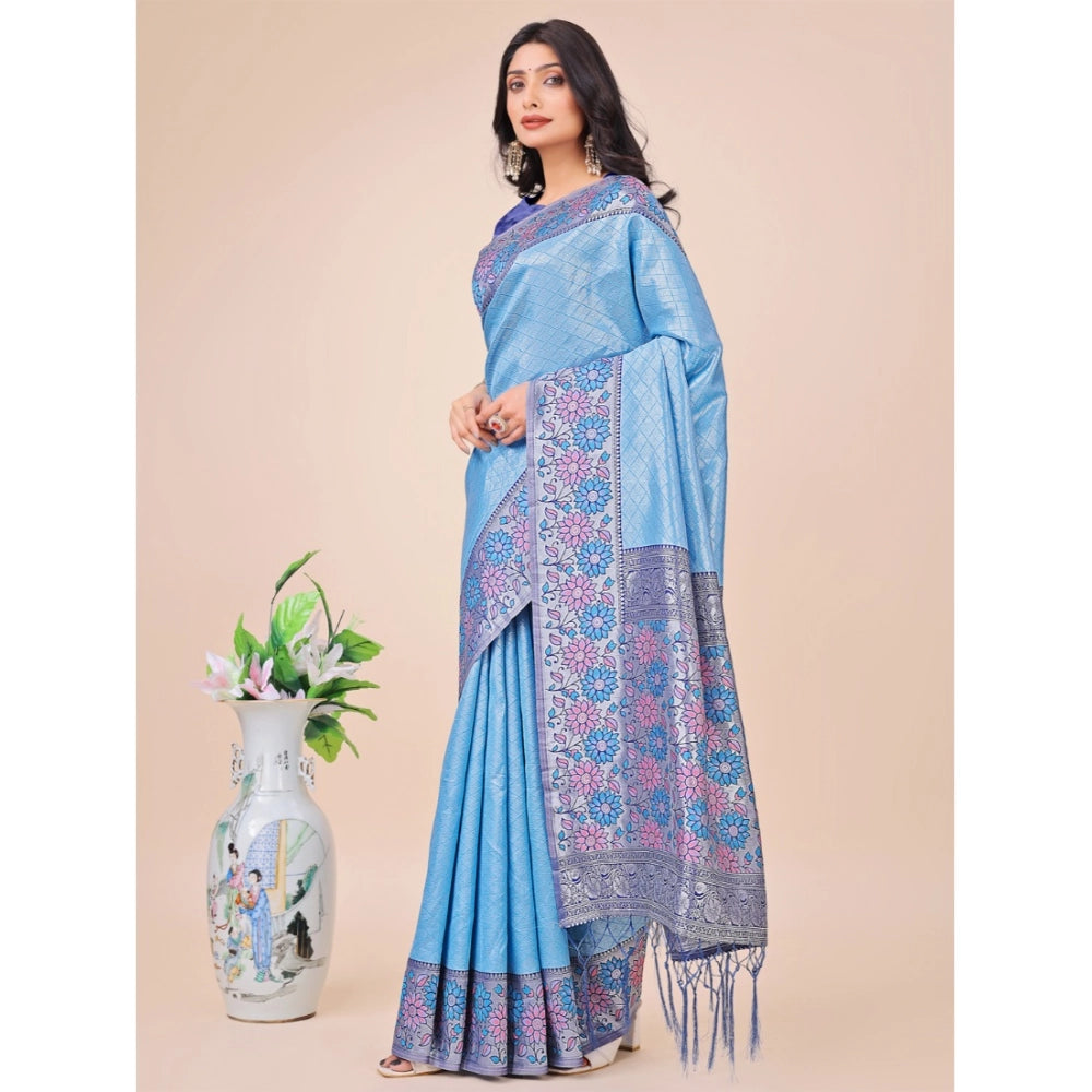 Women's Lichi Silk Printed Saree With Unstitched Blouse 5.5Mtr (Sky Blue)