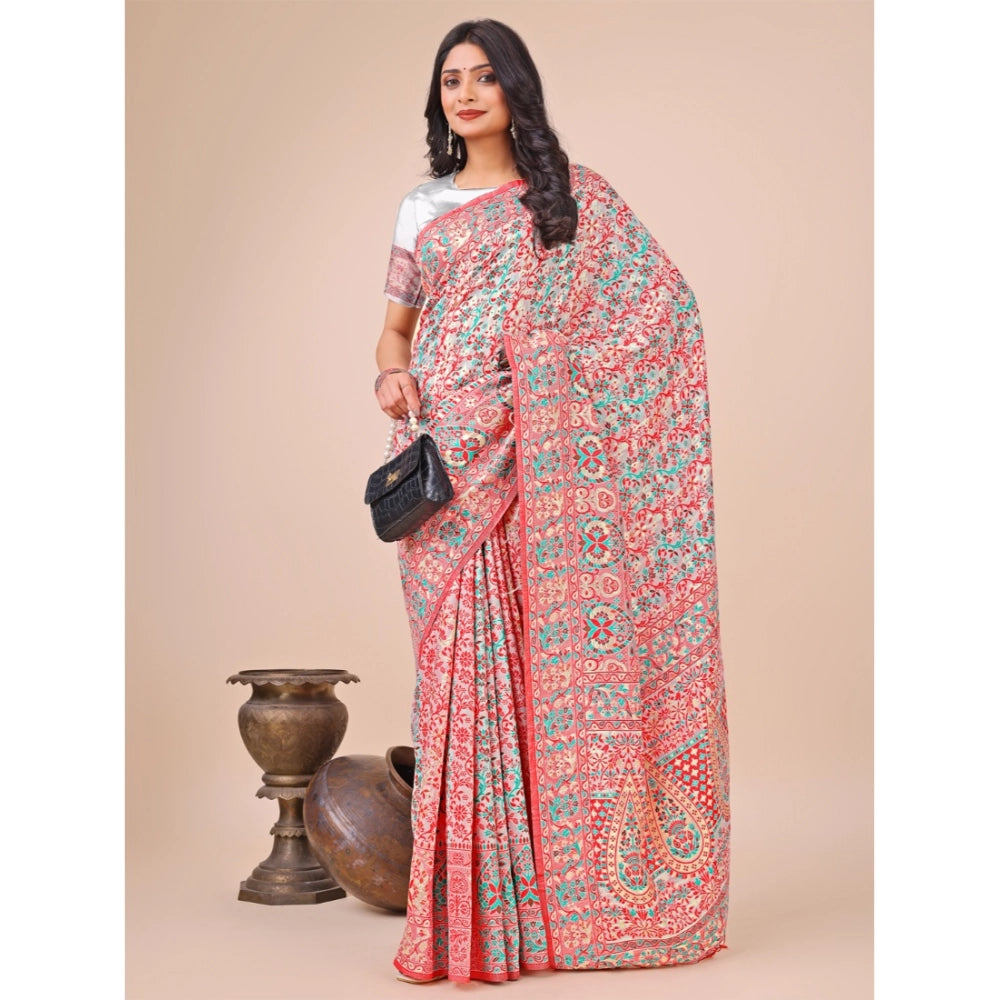 Women's Cotton Printed Saree With Unstitched Blouse 5.5Mtr (White)