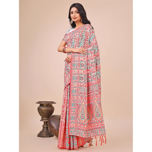 Women's Cotton Printed Saree With Unstitched Blouse 5.5Mtr (White)