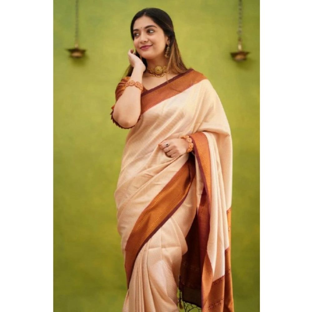 Women's Silk Printed Saree With Unstitched Blouse 5.5Mtr (Cream)