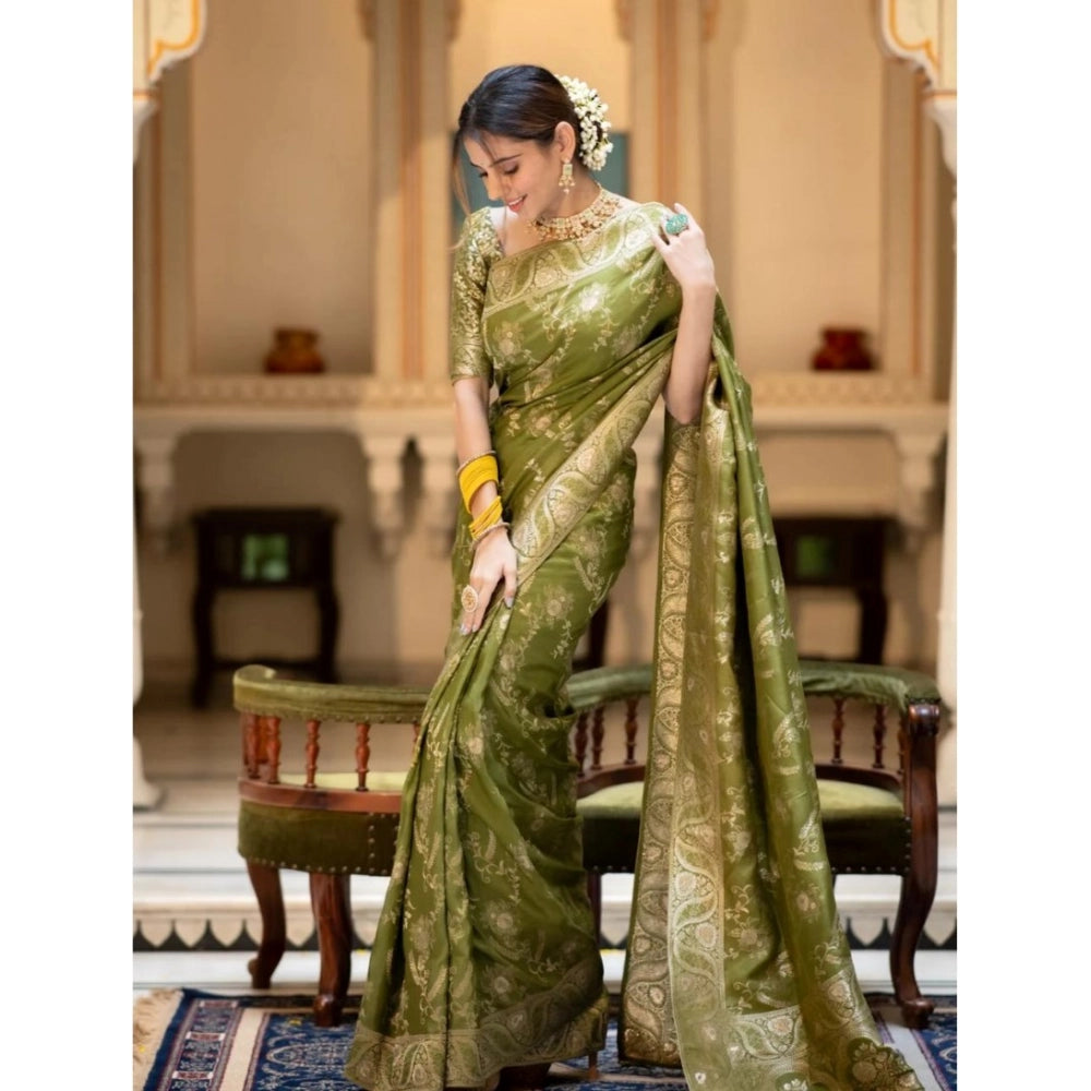 Women's Silk Printed Saree With Unstitched Blouse 5.5Mtr (Olive Green)