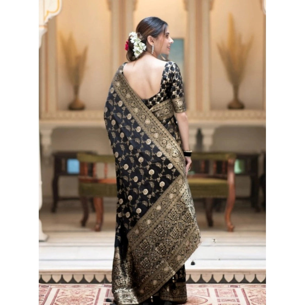 Women's Silk Printed Saree With Unstitched Blouse 5.5Mtr (Black)