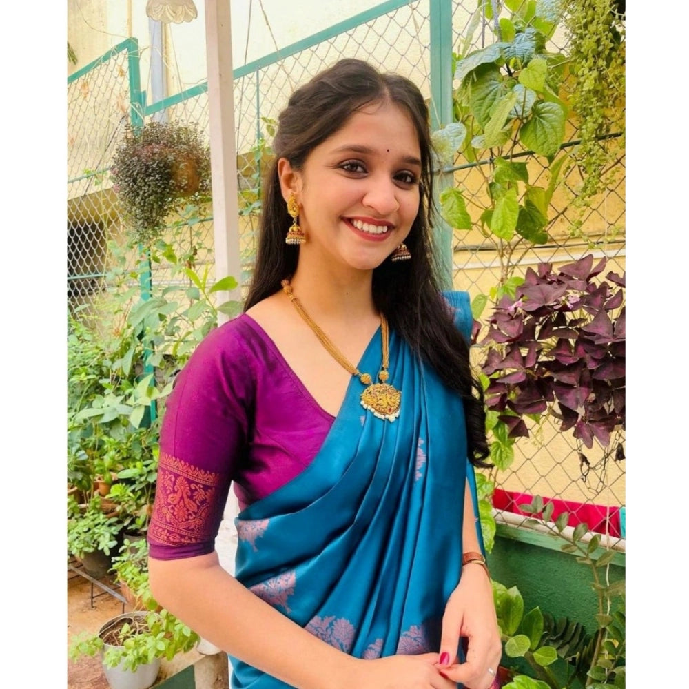 Women's Silk Printed Saree With Unstitched Blouse 5.5Mtr (Rama)