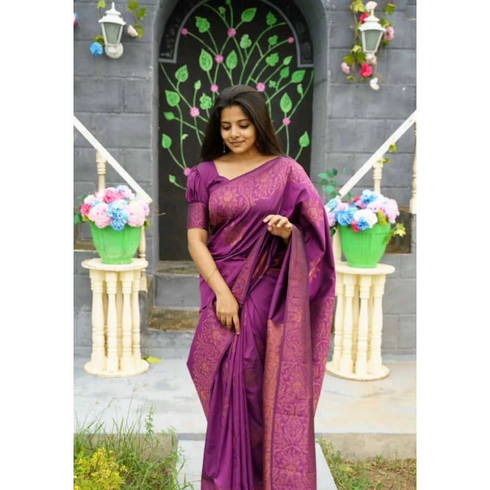 Women's Silk Printed Saree With Unstitched Blouse 5.5Mtr (Purple)