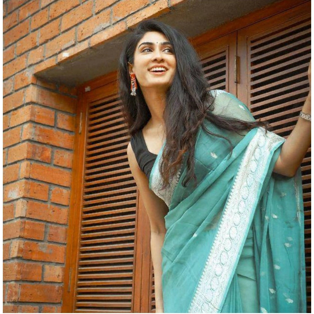 Women's Cotton Printed Saree With Unstitched Blouse 5.5Mtr (Sky Blue)