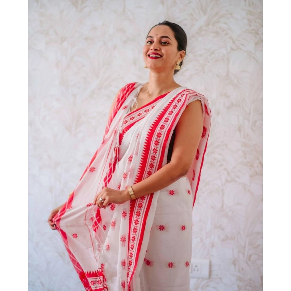 Women's Cotton Printed Saree With Unstitched Blouse 5.5Mtr (White-Pink)