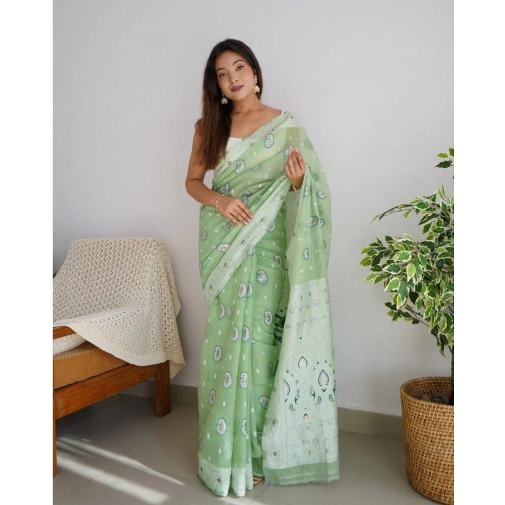 Women's Cotton Printed Saree With Unstitched Blouse 5.5Mtr (Pista)