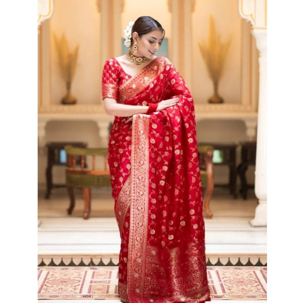 Women's Silk Printed Saree With Unstitched Blouse 5.5Mtr (Red)