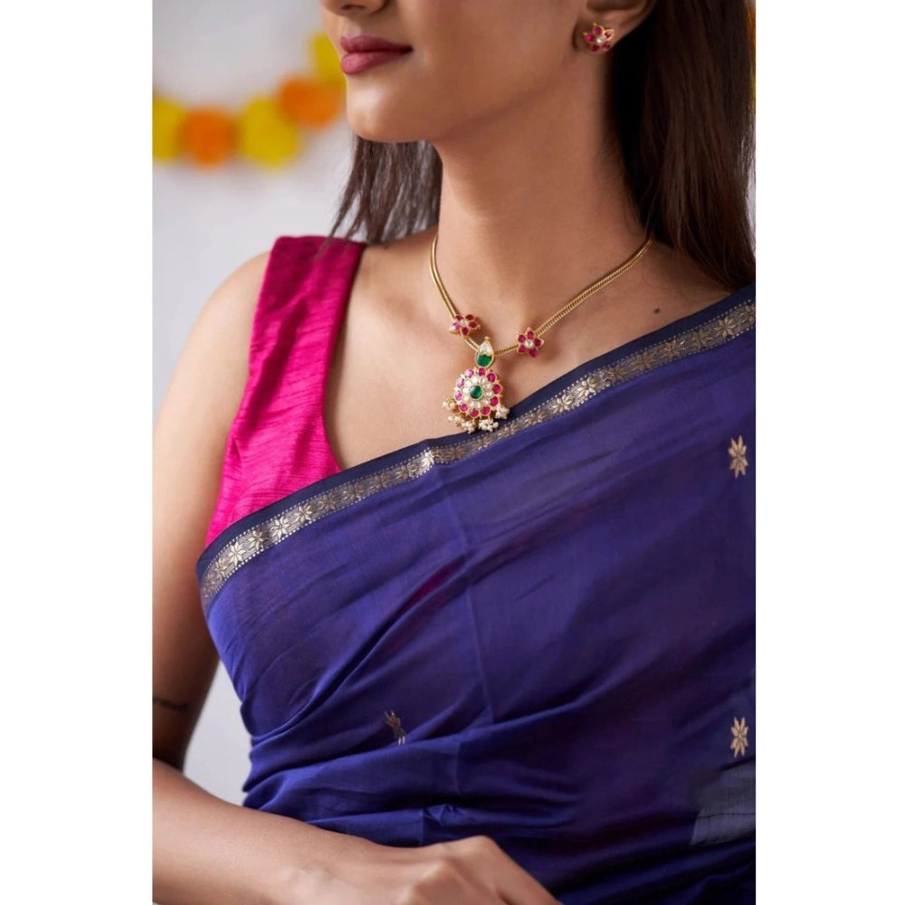 Women's Cotton Printed Saree With Unstitched Blouse 5.5Mtr (Blue)