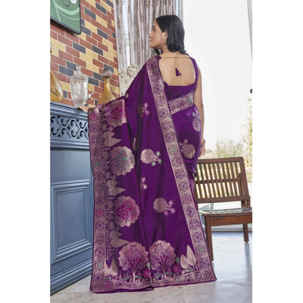Women's Silk Printed Saree With Unstitched Blouse 5.5Mtr (Purple)