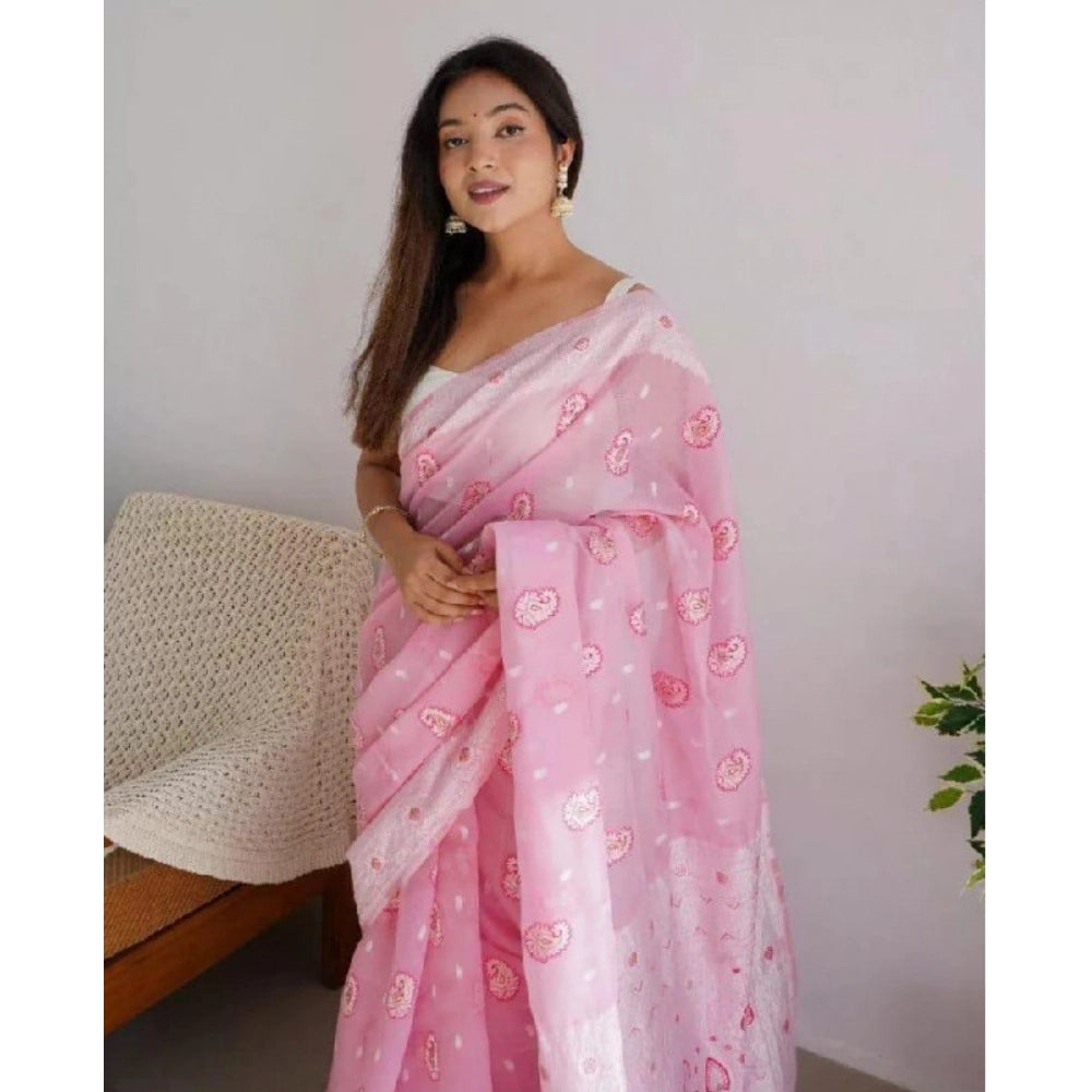 Women's Cotton Printed Saree With Unstitched Blouse 5.5Mtr (Pink)