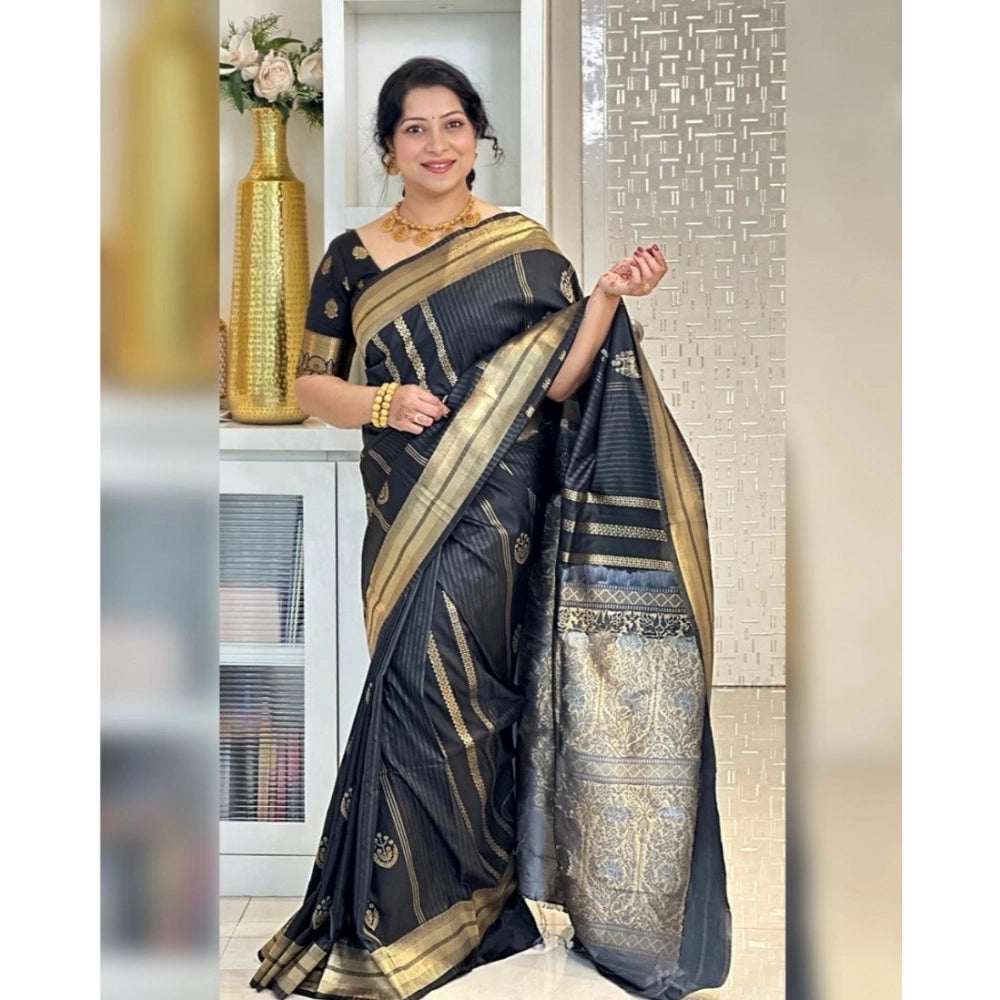 Women's Silk Printed Saree With Unstitched Blouse 5.5Mtr (Black)