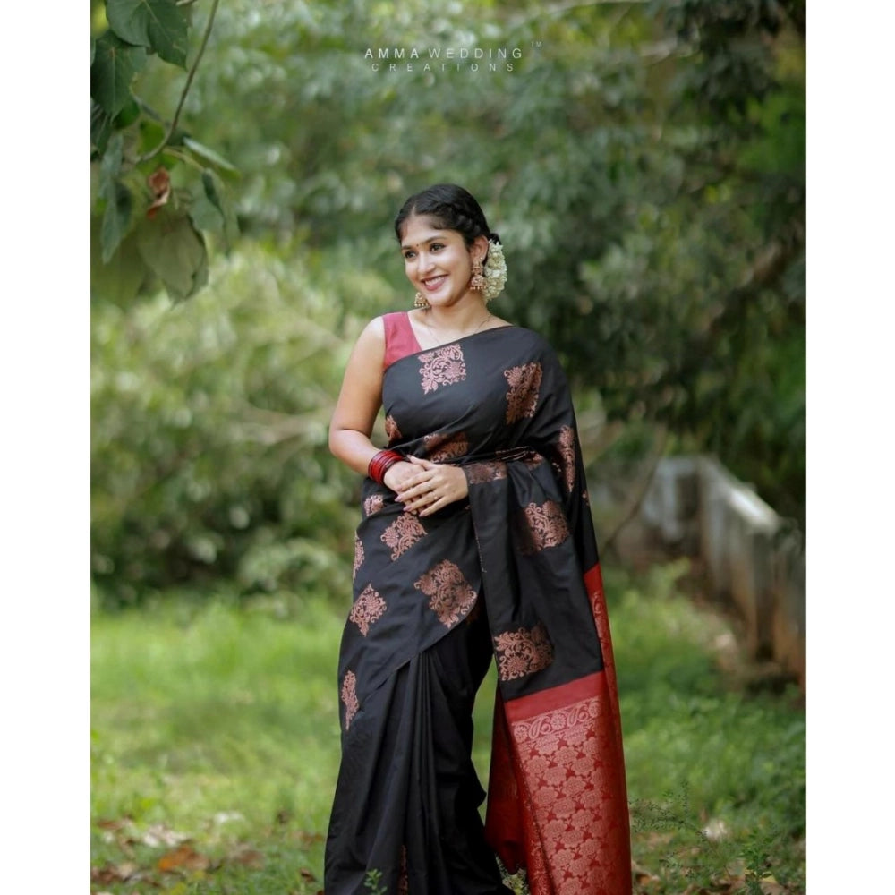 Women's Silk Printed Saree With Unstitched Blouse 5.5Mtr (Black-Red)