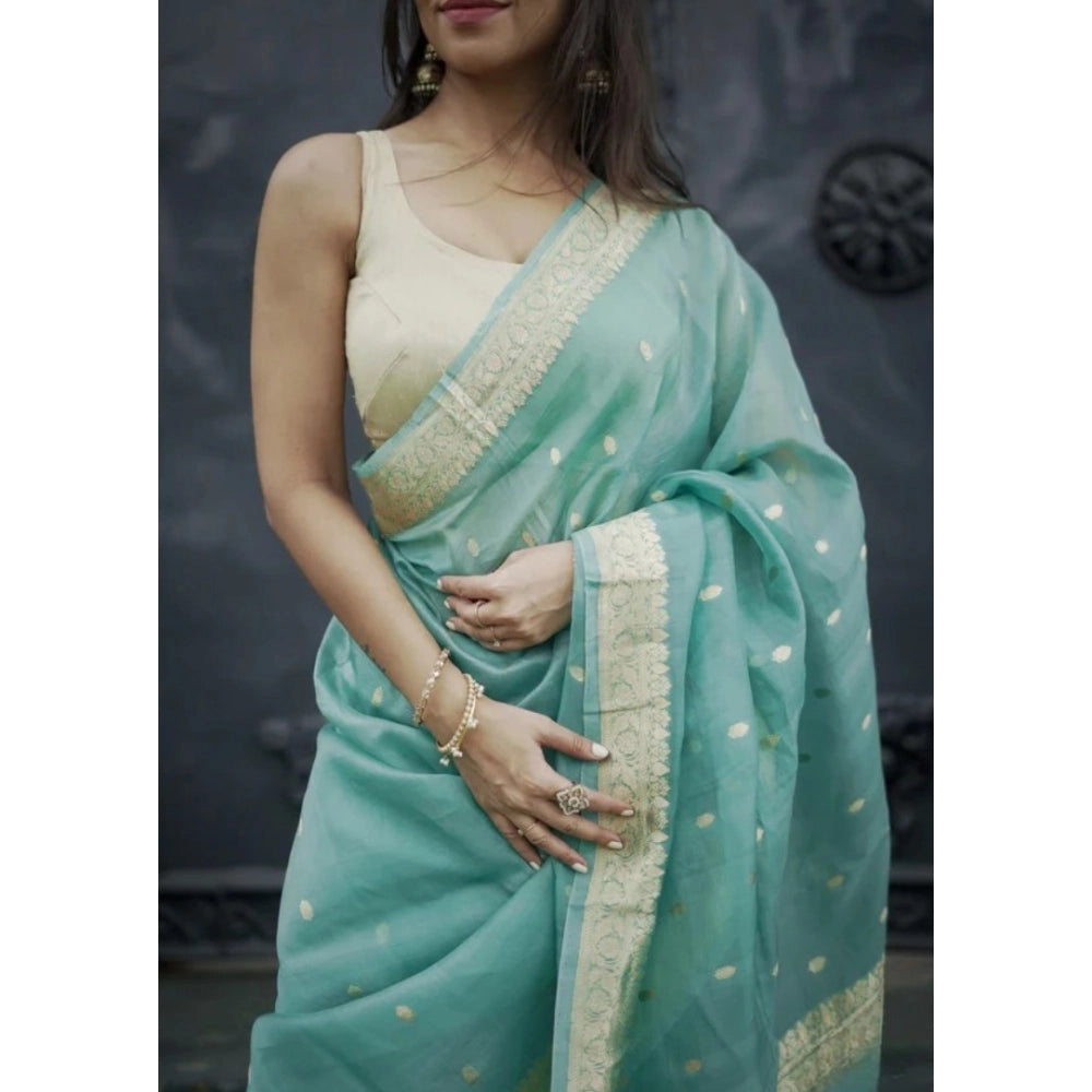 Women's Cotton Printed Saree With Unstitched Blouse 5.5Mtr (Sky)