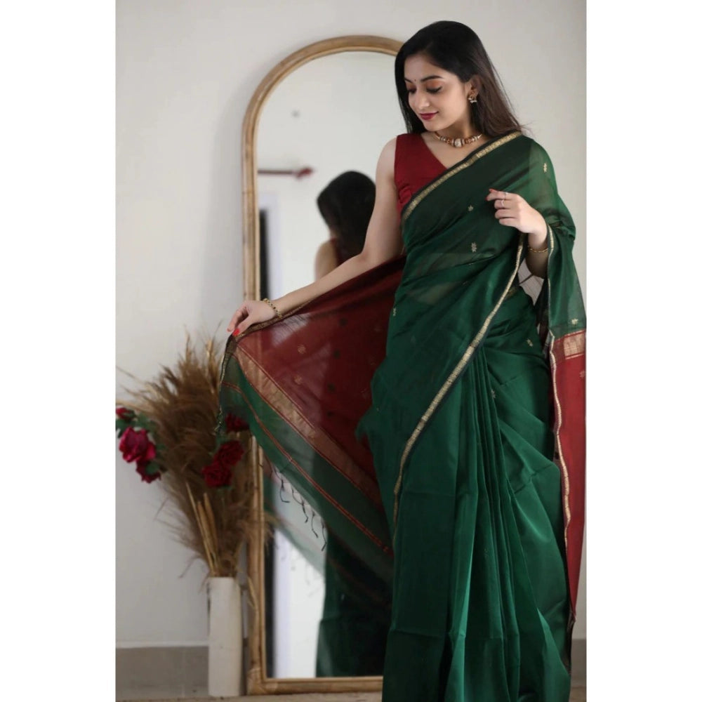 Women's Cotton Printed Saree With Unstitched Blouse 5.5Mtr (Dark Green)