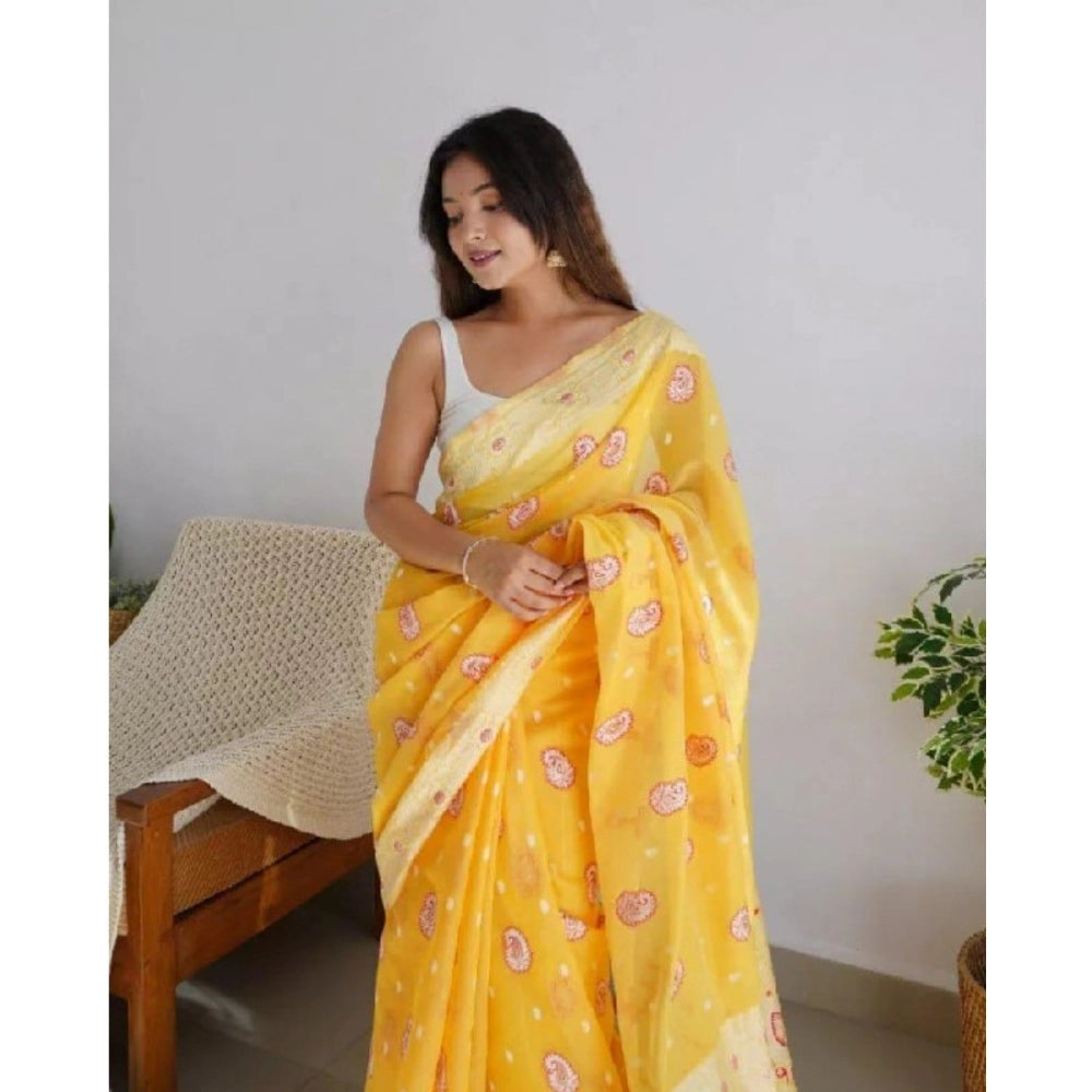 Women's Cotton Printed Saree With Unstitched Blouse 5.5Mtr (Yellow)