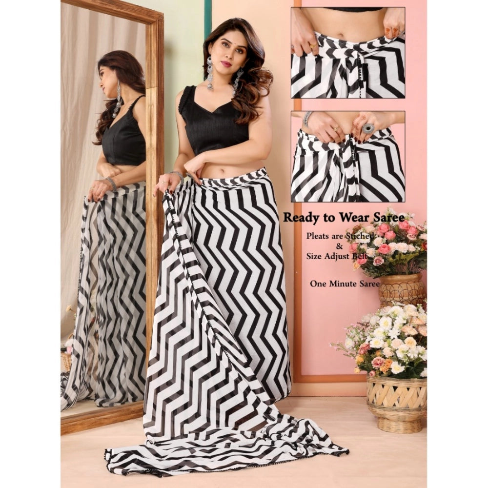Women's Small Lace Georgette Striped Ready-to-Wear Saree With Unstitched Blouse 5.5 Mtr (Black)
