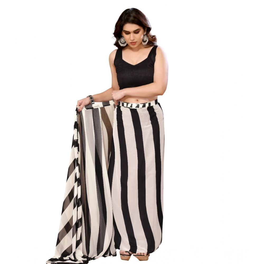 Women's Small Lace Georgette Striped Ready-to-Wear Saree With Unstitched Blouse 5.5 Mtr (Black-White)