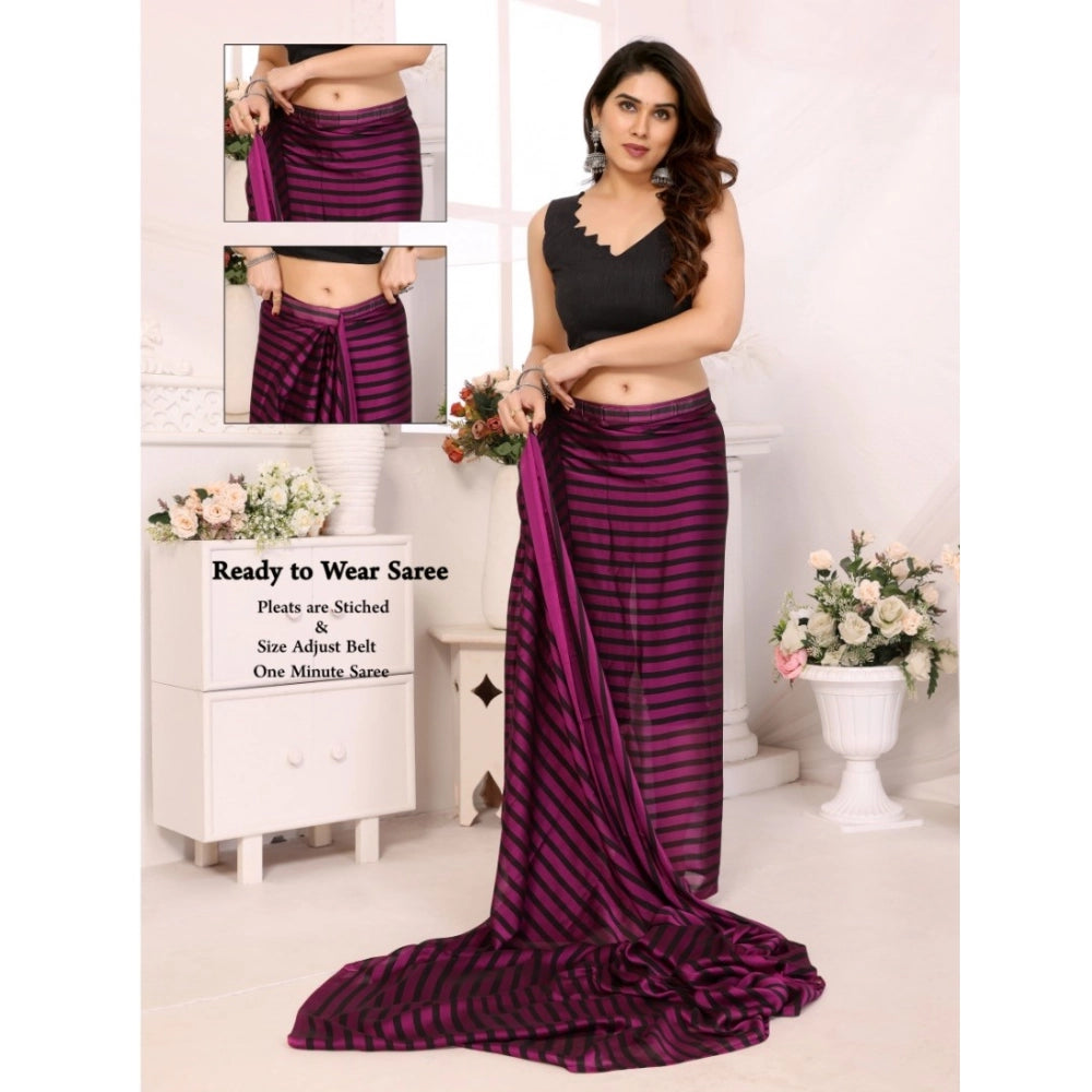 Women's Black Berry Striped Ready-to-Wear Saree With Unstitched Blouse 5.5 Mtr (Purple-Black)