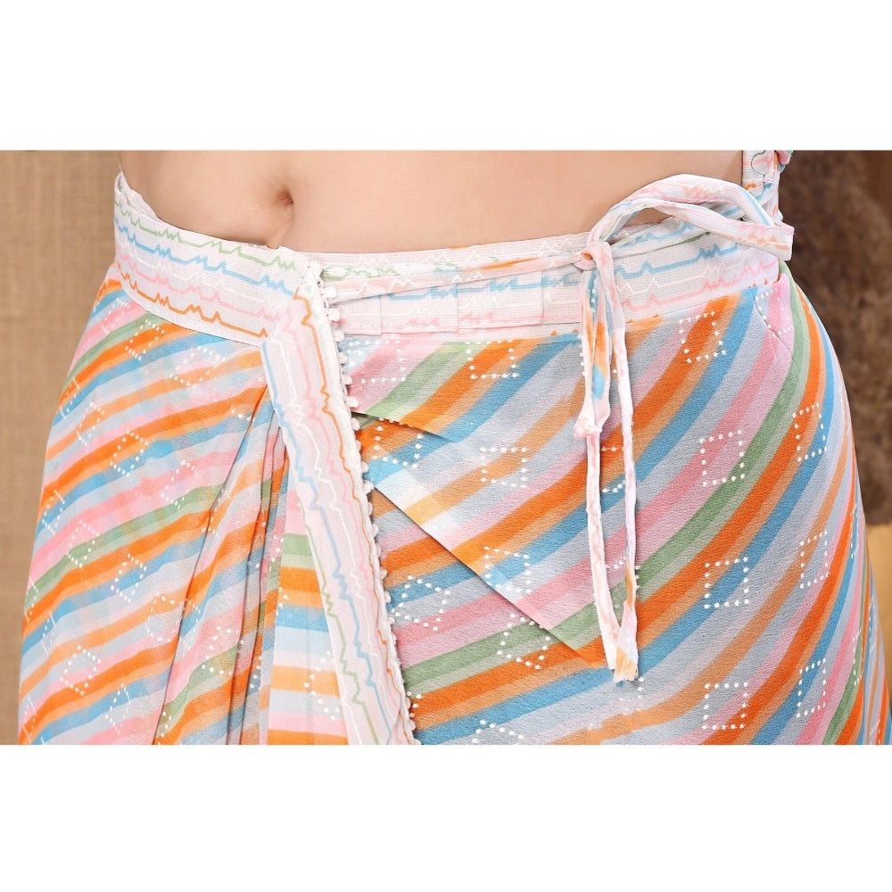 Women's Small Lace Georgette Striped Ready-to-Wear Saree With Unstitched Blouse 5.5 Mtr (Orange)