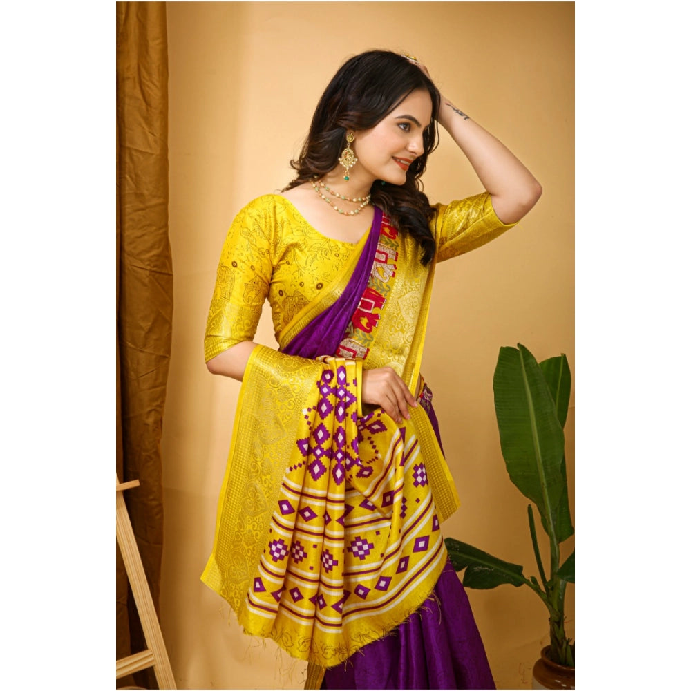 Women's Soft Dola Cotton Kalamkari Printed Saree With Unstitched Blouse 5.5Mtr (Purple)