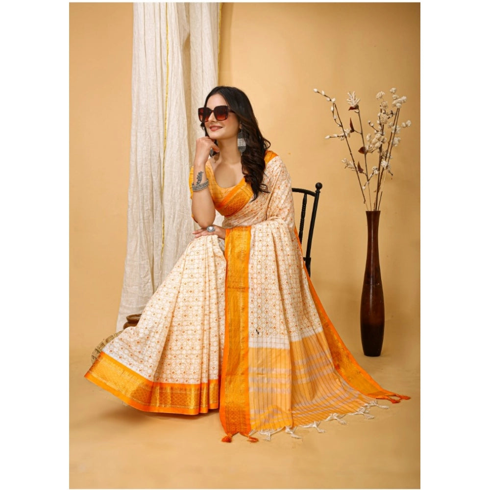 Women's Soft Cotton Silk Printed Saree With Unstitched Blouse 5.5Mtr (Yellow)