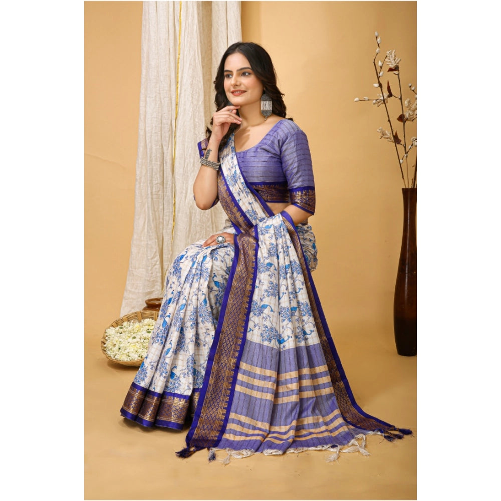 Women's Soft Cotton Silk Printed Saree With Unstitched Blouse 5.5Mtr (Purple)