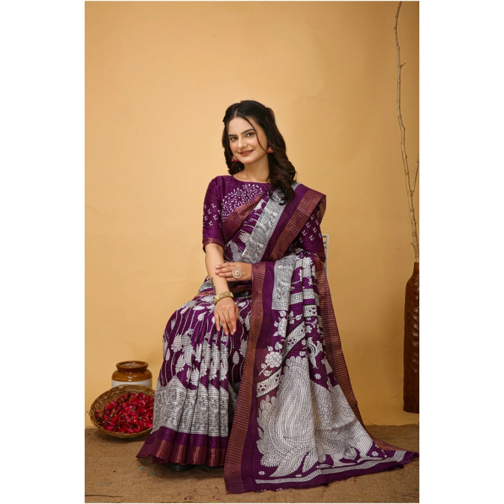 Women's Soft Handloom Cotton Kalamkari Printed Saree With Unstitched Blouse 5.5Mtr (Purple)