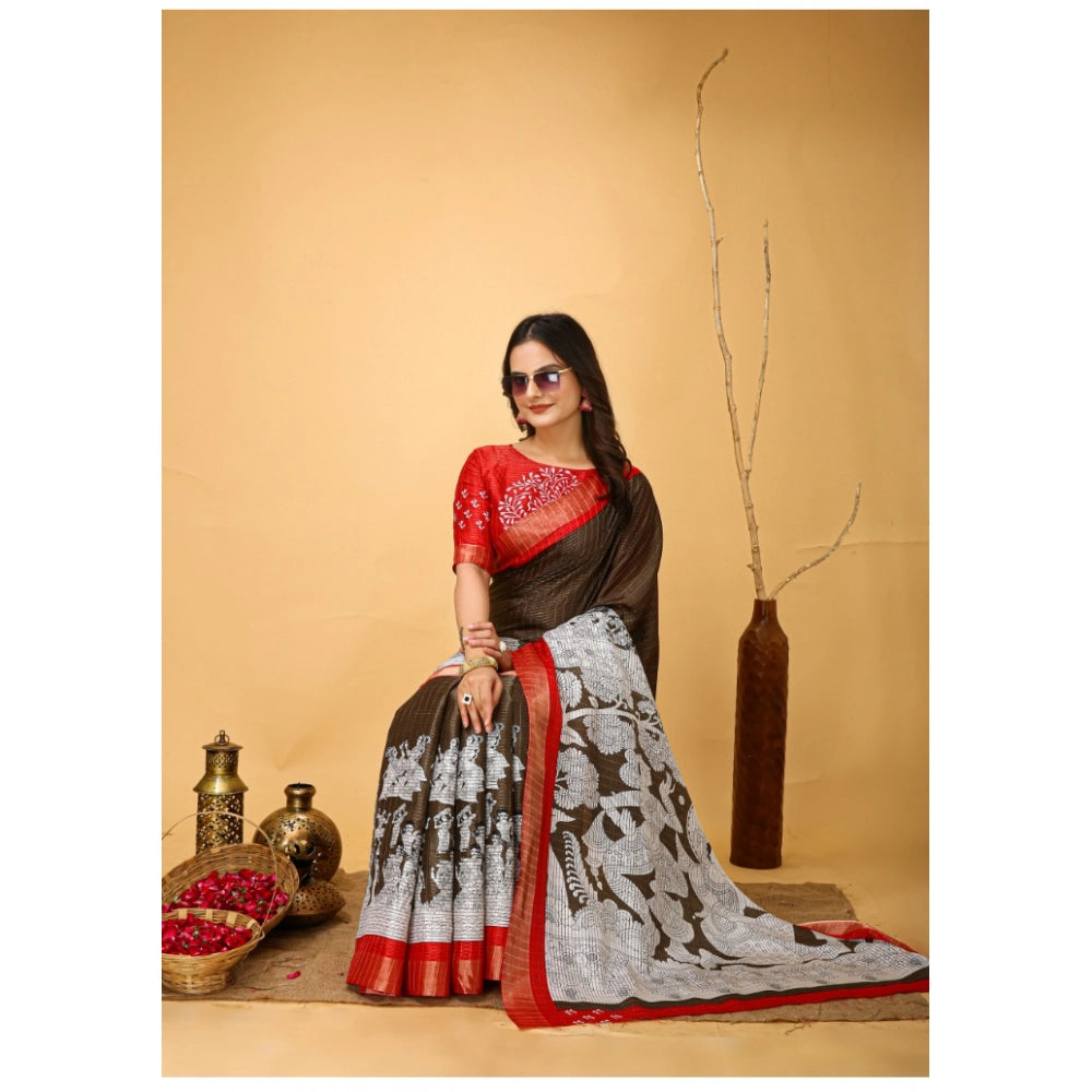 Women's Soft Handloom Cotton Kalamkari Printed Saree With Unstitched Blouse 5.5Mtr (Brown)