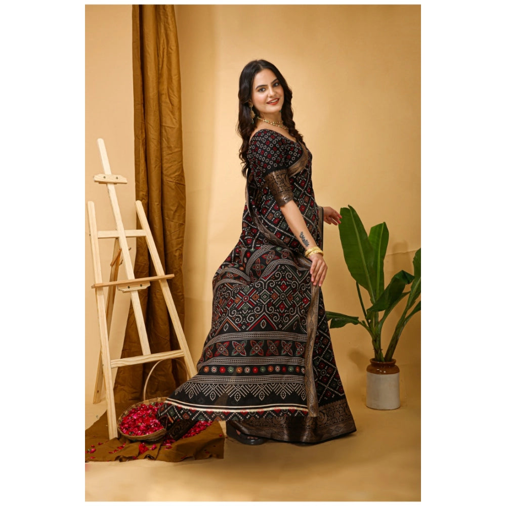 Women's Soft Dola Cotton Kalamkari Printed Saree With Unstitched Blouse 5.5Mtr (Black)