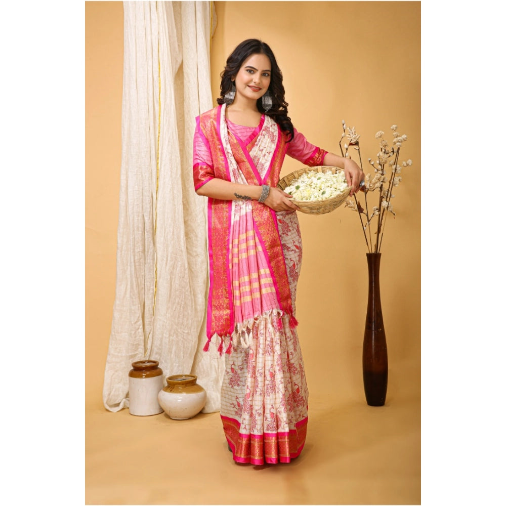 Women's Soft Cotton Silk Printed Saree With Unstitched Blouse 5.5Mtr (Pink)
