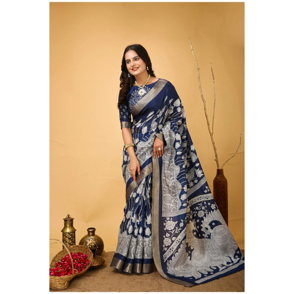 Women's Soft Handloom Cotton Kalamkari Printed Saree With Unstitched Blouse 5.5Mtr (Blue)