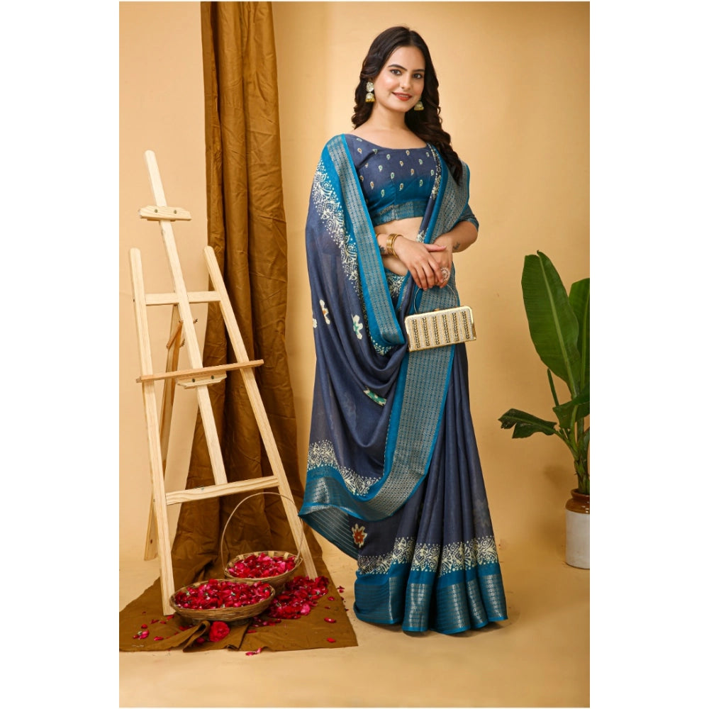 Women's Soft Blooming Marshmallow Fabric Kalamkari Printed Saree With Unstitched Blouse 5.5Mtr (Grey)