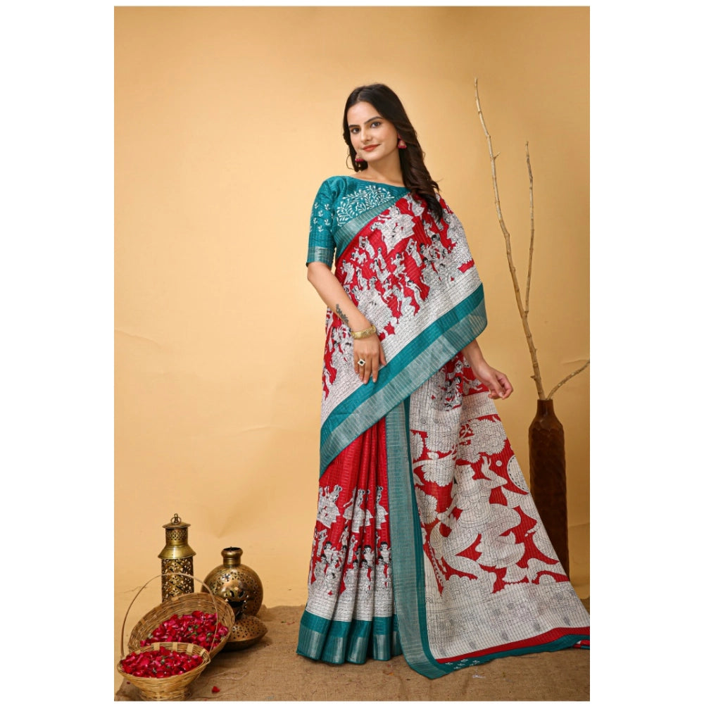 Women's Soft Handloom Cotton Kalamkari Printed Saree With Unstitched Blouse 5.5Mtr (Red)