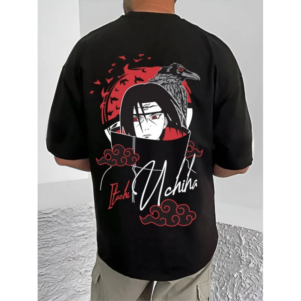 Men's Casual Cotton Blend Printed Round Neck Half Sleeve T-Shirt (Black)