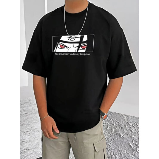 Men's Casual Cotton Blend Printed Round Neck Half Sleeve T-Shirt (Black)