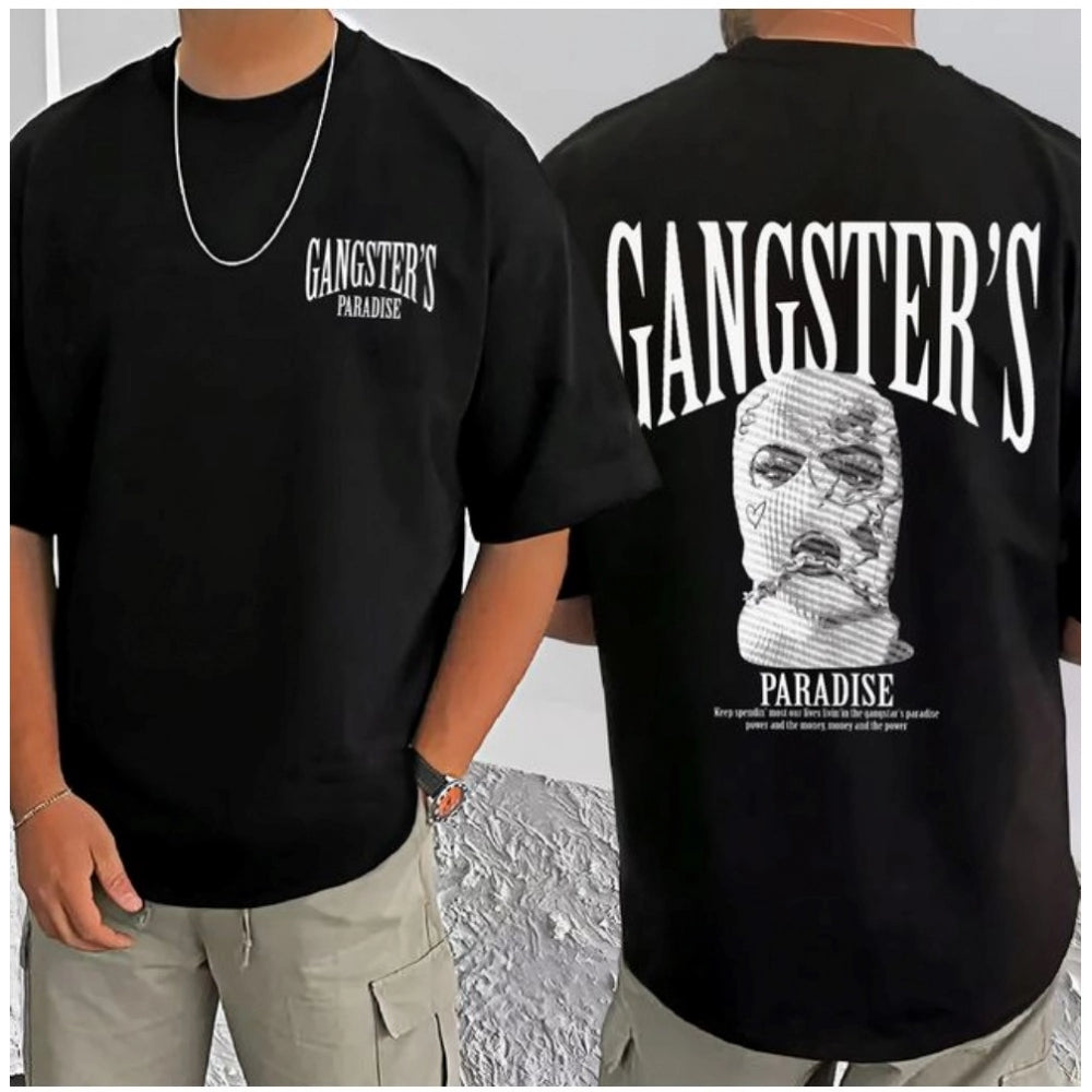 Men's Casual Cotton Blend Printed Round Neck Half Sleeve T-Shirt (Black)